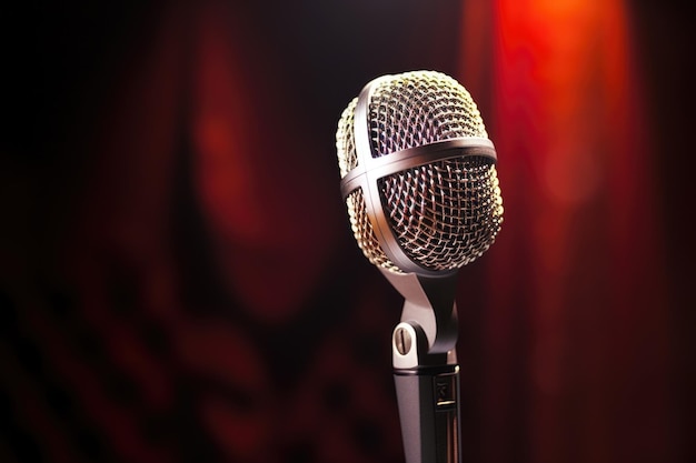 Close-up de um único microfone de palco iluminado contra um fundo escuro
