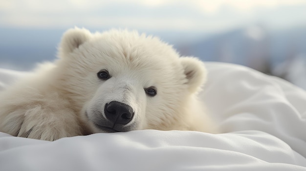Close-up de um ursinho polar bonito deitado em uma cama branca pela manhã
