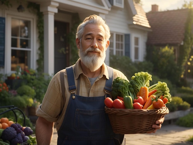 Close up de um velho fazendeiro segurando uma cesta de vegetais o homem está de pé no jardim