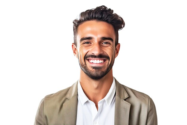 Close-up de um vendedor sorridente em uniforme sobre um fundo branco