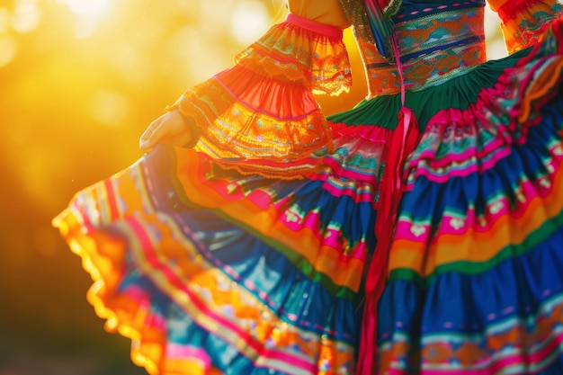 Close-up de um vestido tradicional mexicano colorido e vibrante