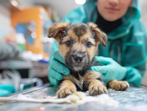 Close-up de um veterinário examinando um cachorrinho