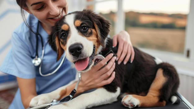 Foto close-up de um veterinário sorridente examinando um cachorrinho