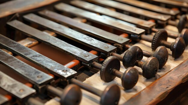 Foto close-up de um xilófono de metal vintage com batedores de madeira o xilófono é um antigo instrumento musical da família das percussões