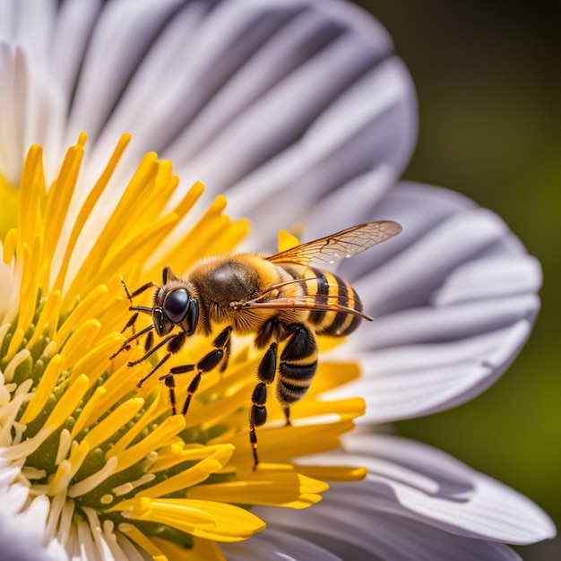 Close-up de uma abelha amarela polinizando