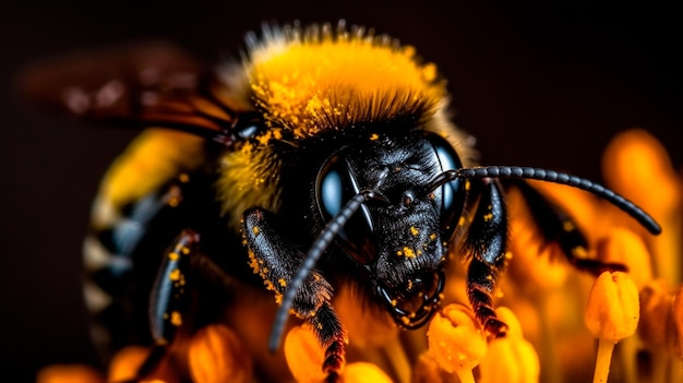 Close-up de uma abelha com explosão de pólen de flor amarela Generative AI