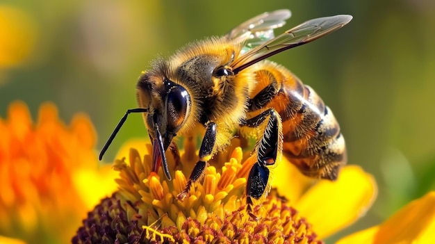 Close-up de uma abelha polinizando uma flor um ato crucial que apoia o crescimento e a reprodução de