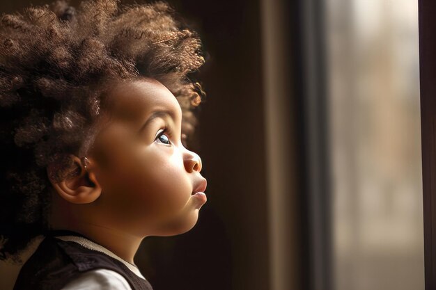 Close-up de uma adorável criança afro-americana em uma sala com uma janela e luz natural