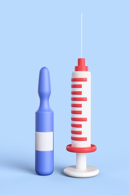 Close-up de uma ampola de desenho animado de vacina de coronavírus e seringa em um fundo azul. Ilustração de renderização 3D