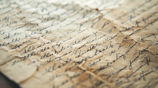 Close-up de uma antiga carta manuscrita arrugada com escrita cursiva