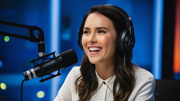 Foto close-up de uma apresentadora de rádio feliz transmitindo através de um microfone no estúdio