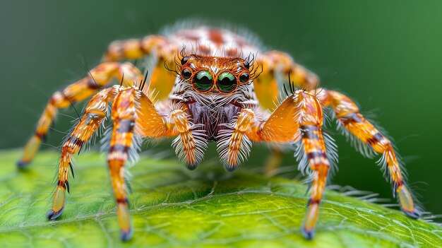 Close-up de uma aranha salta-aranha em uma folha verde