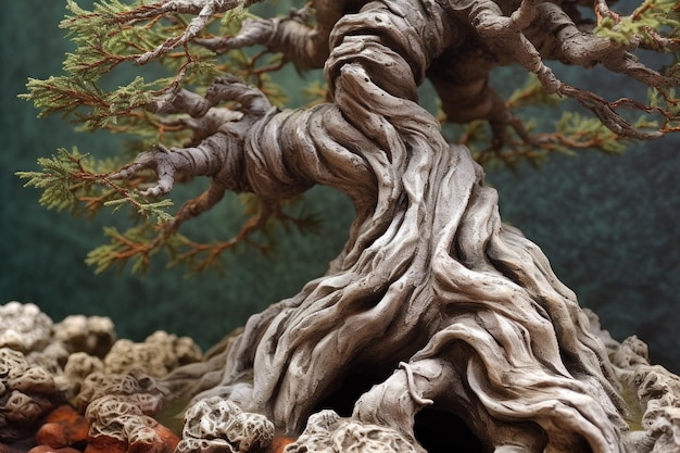 Close-up de uma árvore bonsai com intrincados padrões de raízes criados com AI generativa