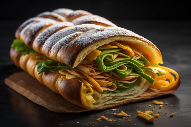 close up de uma baguete italiana fresca em um fundo preto generativo ai