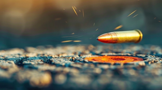 Close-up de uma bala em movimento voando no ar com faíscas em um fundo desfocado Dia da Vitória