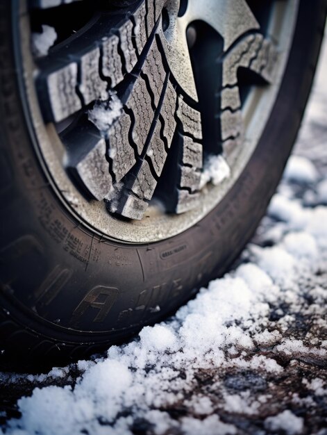 Close-up de uma banda de rodagem de pneu de inverno em uma superfície coberta de neve