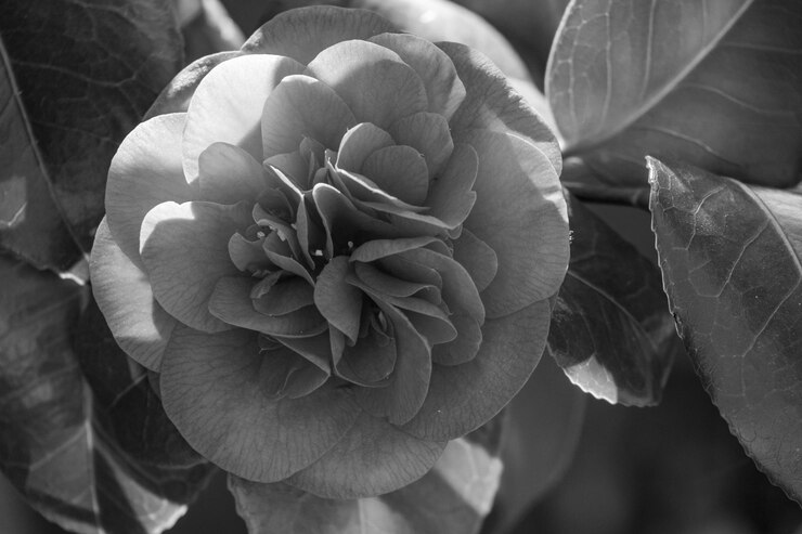 Foto close-up de uma bela flor de camélia em monocromático mostrando suas delicadas pétalas e textura