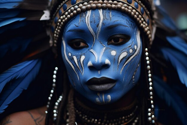 Close-up de uma bela mulher com máscara de carnaval azul