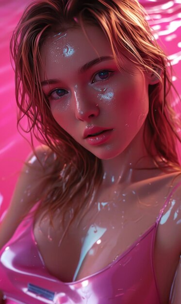 Close-up de uma bela mulher em um fato de banho de látex rosa Corpo molhado
