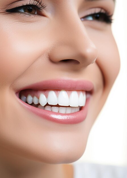 Foto close-up de uma bela mulher sorridente com dentes saudáveis conceito de cuidados dentários