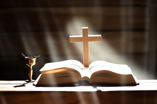 Close-up de uma Bíblia Sagrada e cruz cristã em uma mesa de madeira Feliz sexta-feira Santa ou conceito de religião