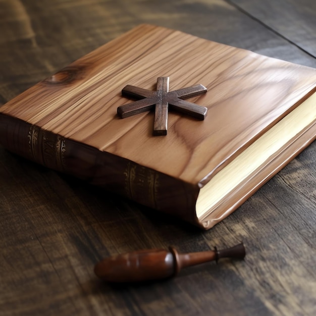 Foto close-up de uma bíblia sagrada e cruz cristã em uma mesa de madeira feliz sexta-feira santa ou conceito de religião