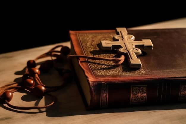 Foto close-up de uma bíblia sagrada e cruz cristã em uma mesa de madeira feliz sexta-feira santa ou conceito de religião