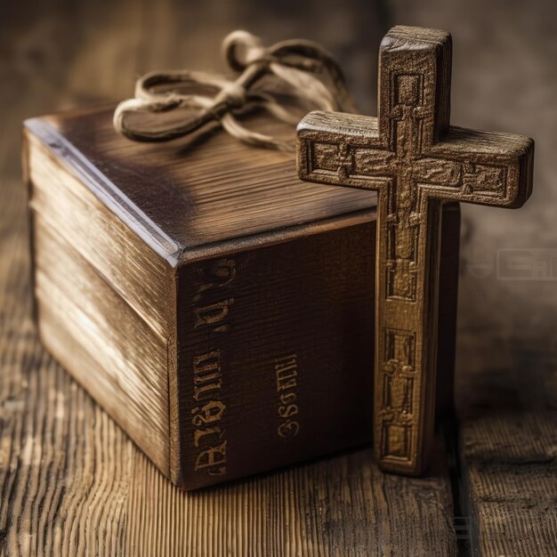 Foto close-up de uma bíblia sagrada e uma cruz cristã na mesa de madeira feliz sexta-feira santa ou conceito de religião