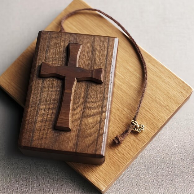 Foto close-up de uma bíblia sagrada e uma cruz cristã na mesa de madeira feliz sexta-feira santa ou conceito de religião