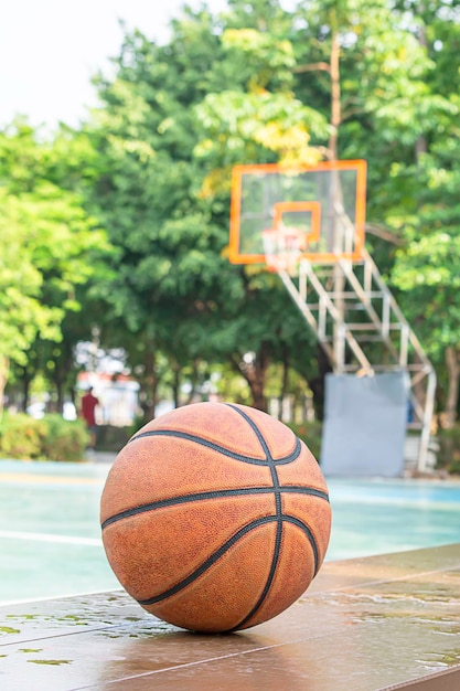 Close-up de uma bola de basquete na parede de contenção