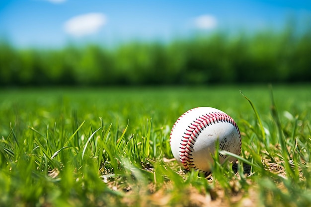 Close-up de uma bola de beisebol descansando na grama a bola é velha e esfregada e a grama é verde