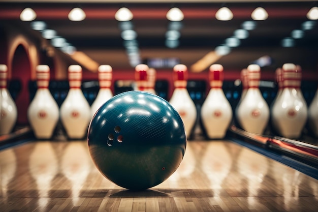 Foto close-up de uma bola de boliche batendo pinos marcando um strike vista inferior e tiro de ação ten pin bowl