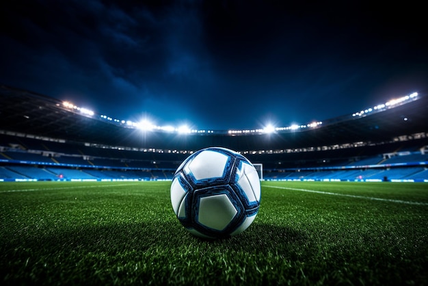 Close-up de uma bola de futebol no centro do estádio iluminada pelos faróis