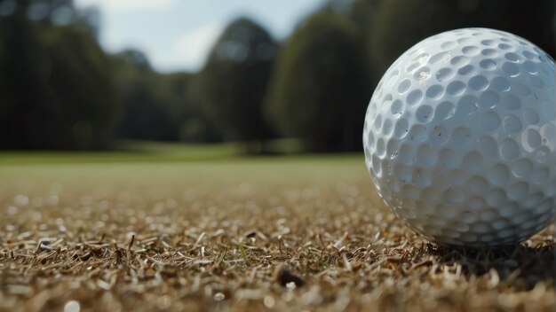 Close-up de uma bola de golfe na grama verde