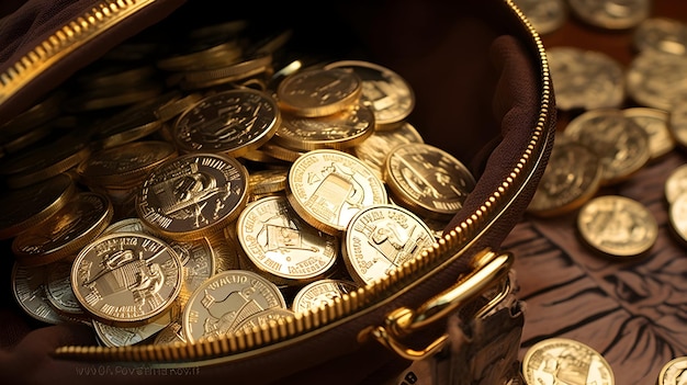 Close-up de uma bolsa aberta com moedas de ouro brilhantes