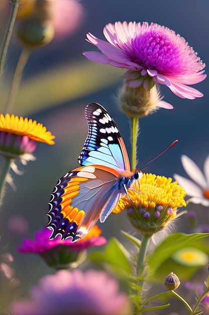 Close-up de uma borboleta em flores de primavera Campo de flores silvestres margaridas coloridas Papel de parede de fundo