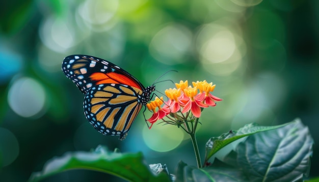 Close-up de uma borboleta vibrante em uma flor em flor com um fundo desfocado AI generativa