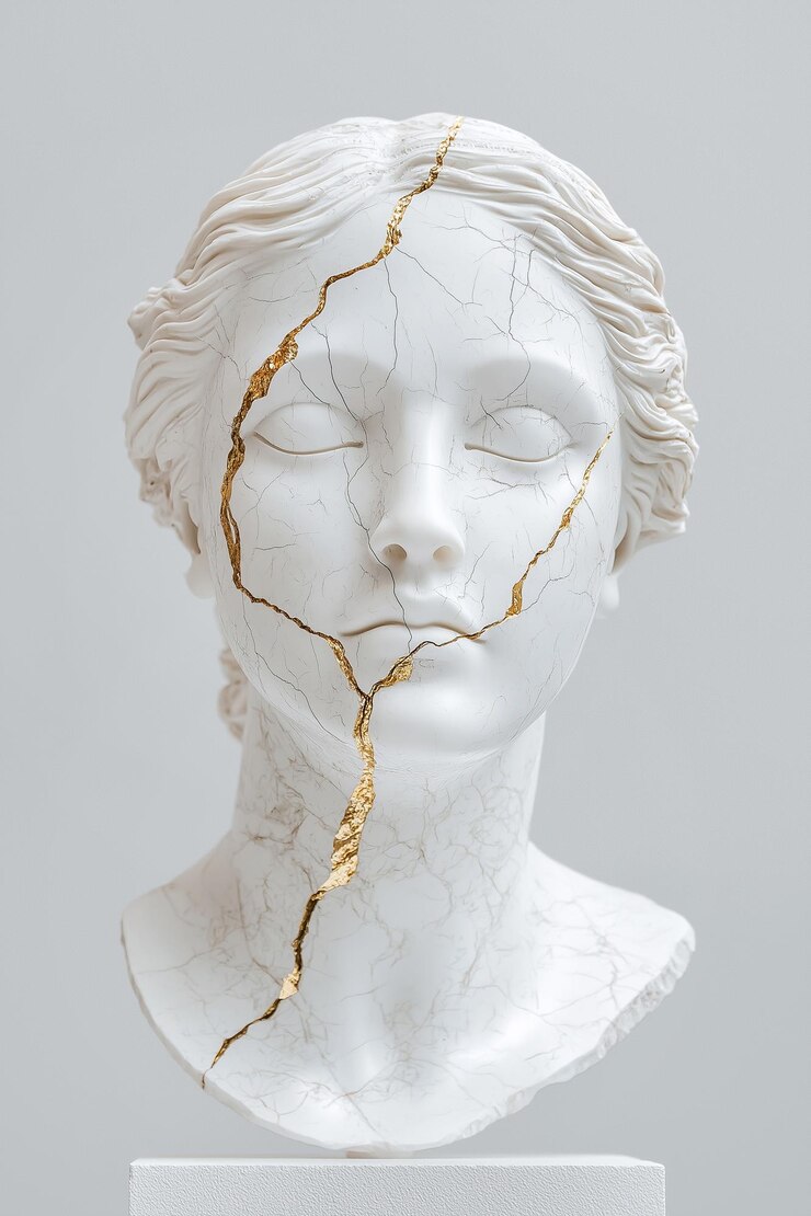 Close-up de uma cabeça de escultura branca marcada com rachaduras douradas que significam reparo estético rachaduras decoradas com ouro que simbolizam resiliência e beleza Kintsugi conceito de arte japonesa beleza e autocuidado