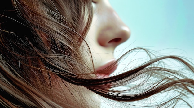 Close-up de uma cabeça de mulher com o cabelo fluindo no vento mostrando o cuidado e o estilo do cabelo