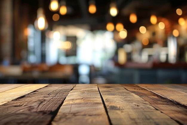 Close-up de uma cafeteria de mesa de madeira e um bar no fundo
