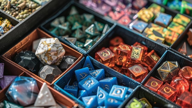 Foto close-up de uma caixa de jogo cheia de vários tipos de telhas e adereços indicando a versatilidade e