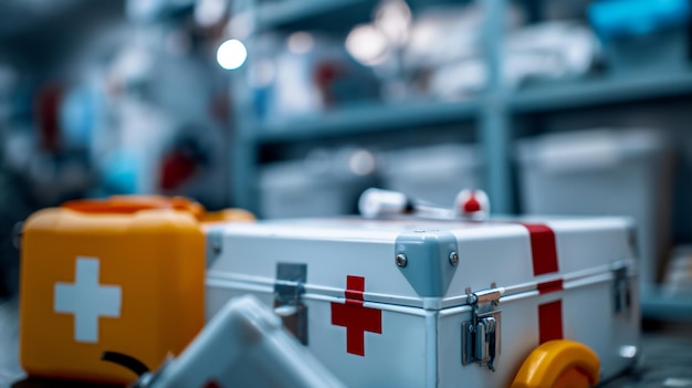 Close-up de uma caixa de primeiros socorros branca com uma cruz vermelha em um ambiente clínico