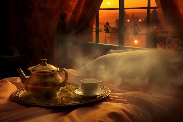 Close up de uma cama com uma bandeja de pequeno-almoço e uma xícara de café fumegante