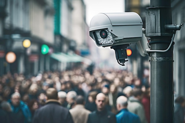 Close-up de uma câmera de CCTV monitorando uma rua vibrante da cidade Ilustração de IA gerativa