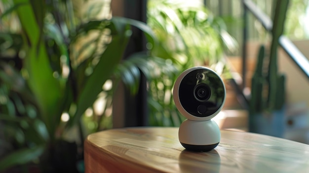 Close-up de uma câmera de segurança doméstica inteligente equipada com detecção de movimento e transmissão ao vivo