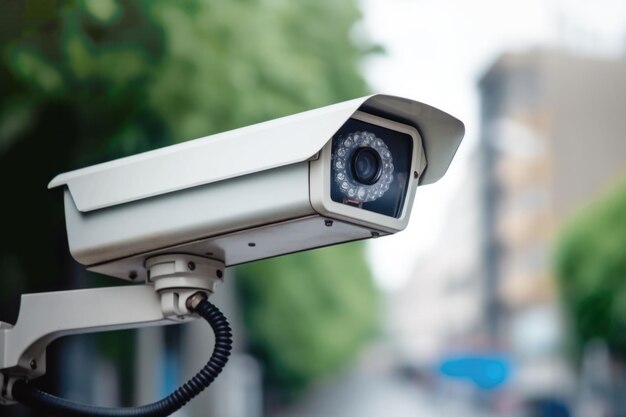 Close-up de uma câmera de vigilância monitorando uma área residencial da cidade Ilustração de IA gerativa