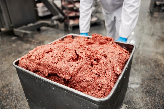 Close-up de uma carne moída em recipiente na fábrica