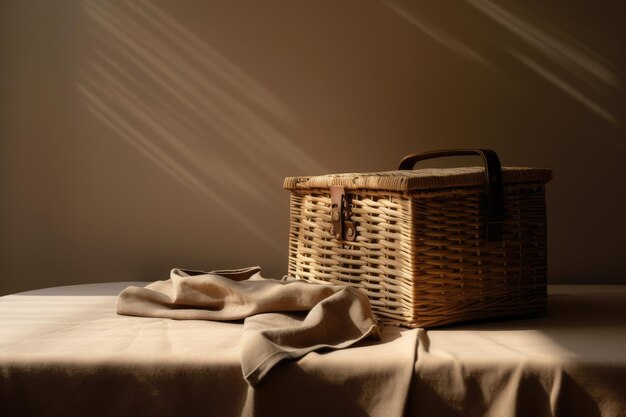 Foto close-up de uma cesta de vime na cama em casa