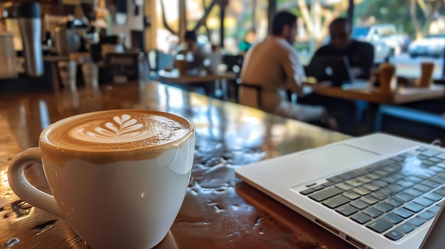 Close-up de uma chávena de café e laptop em uma mesa de madeira em uma cafeteria A chácara de café é branca e tem um belo design de arte latte na espuma