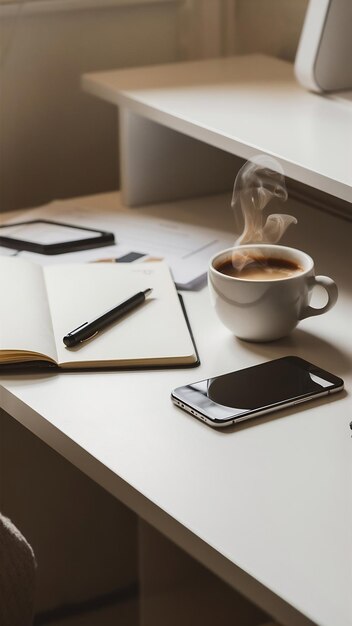 Close-up de uma chávena de café um caderno e caneta e um smartphone em uma mesa branca dentro de casa